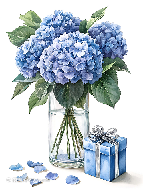 蓝色绣球花束插画